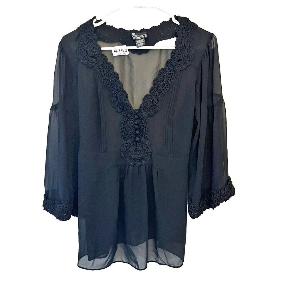 Vtg NY Collection Black Sheer Blouse Crochet Whimsigoth Large Women’s Y2K V Neck
